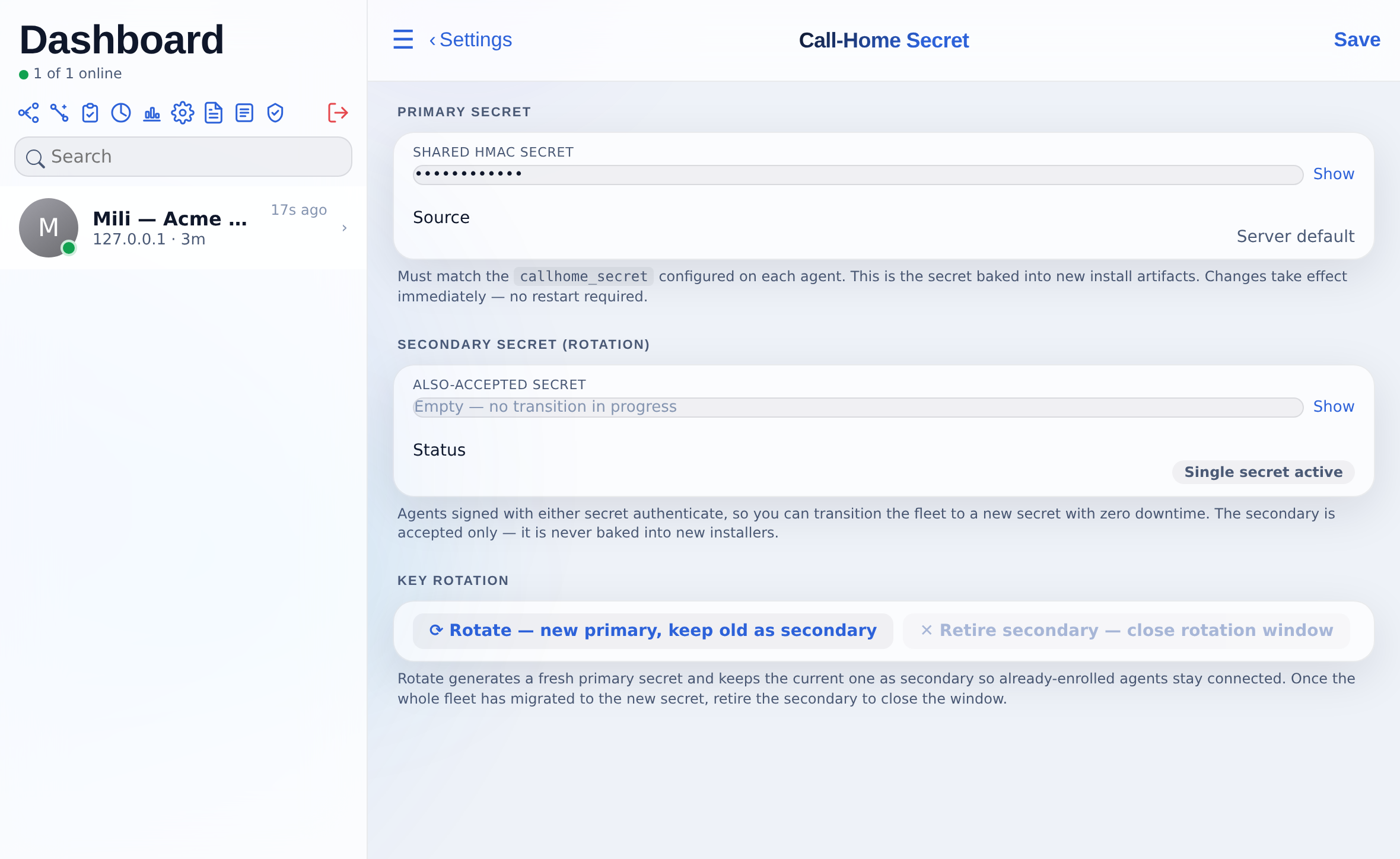 Settings, Call-Home Secret: the fleet secret, the secondary secret and key rotation.