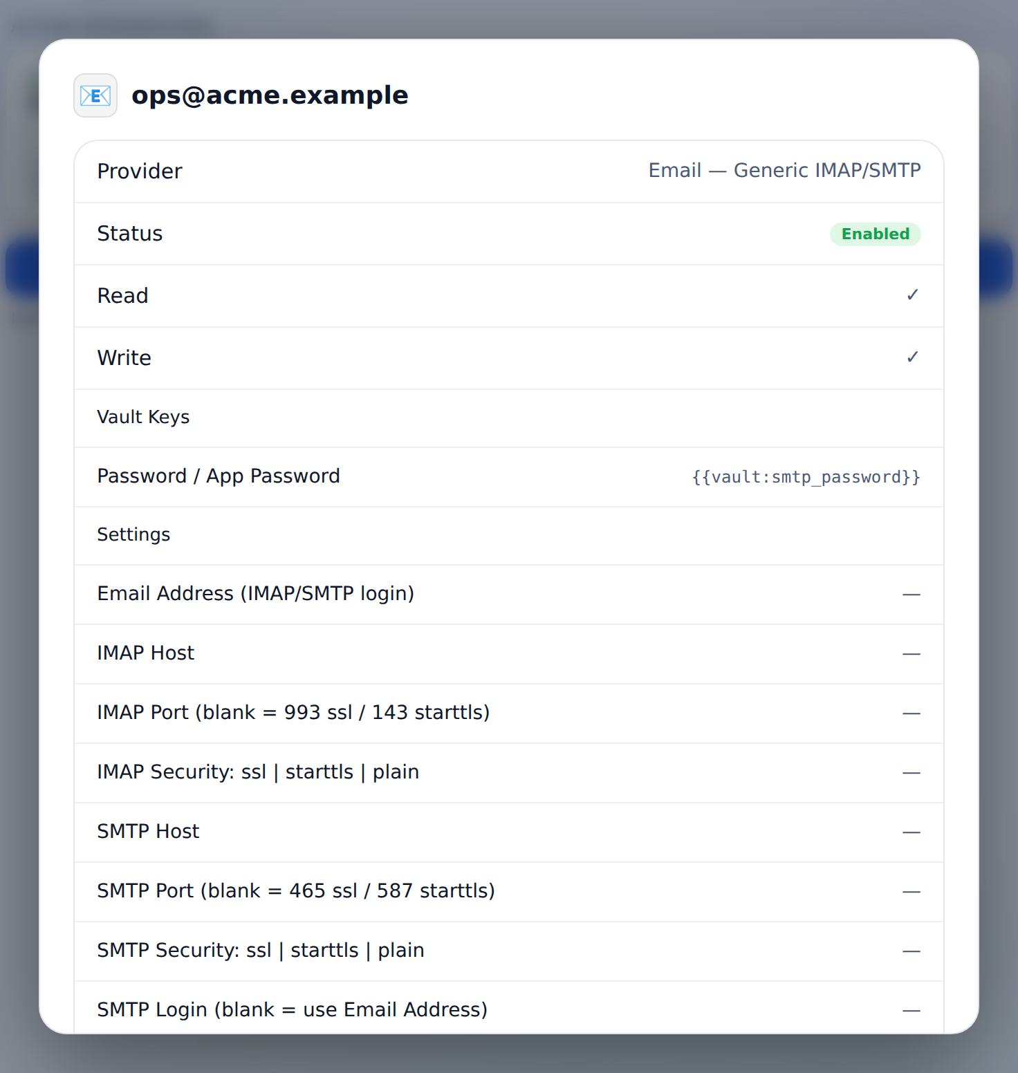 A credential-based email integration: the password is a vault key.