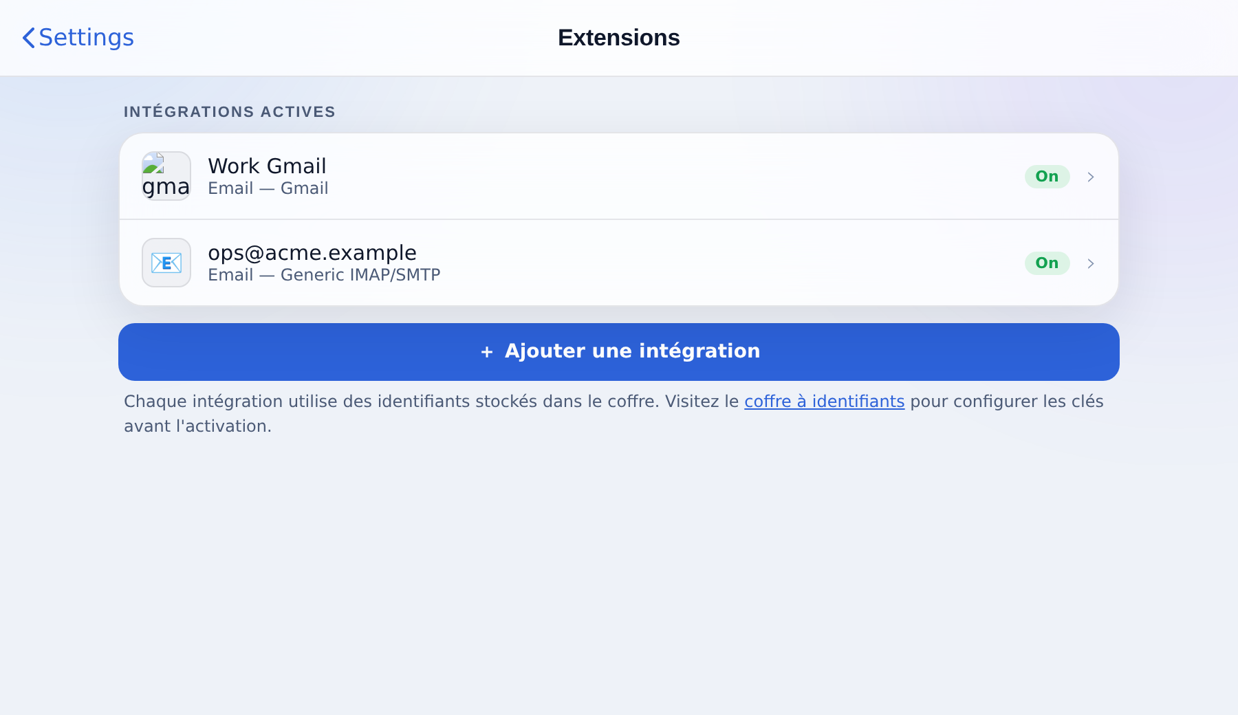 Réglages, Plugins : intégrations actives et le bouton d’ajout.